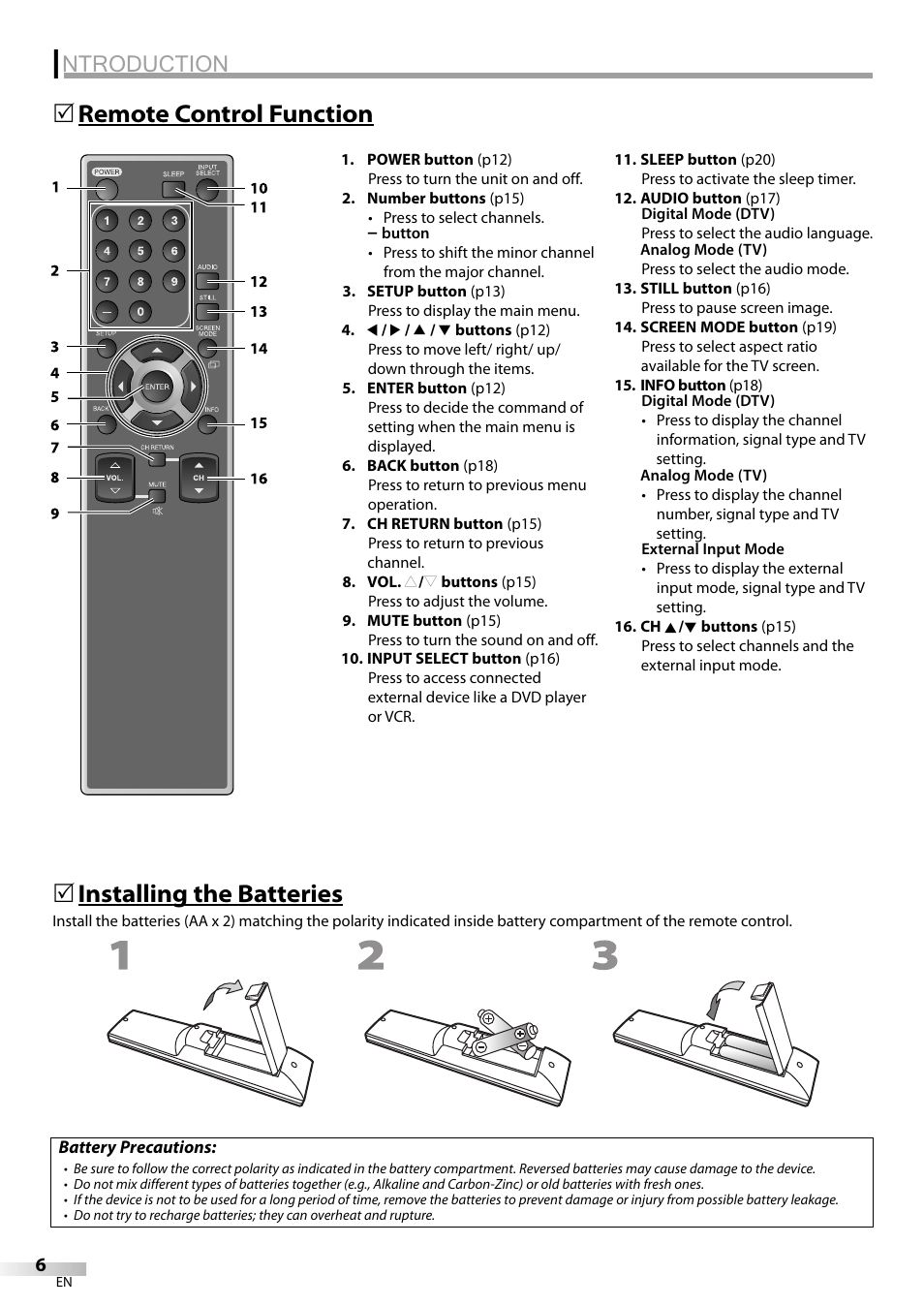 Ntroduction, Remote control function 5, Installing the batteries | Emerson LC320EM8A User Manual | Page 6 / 72