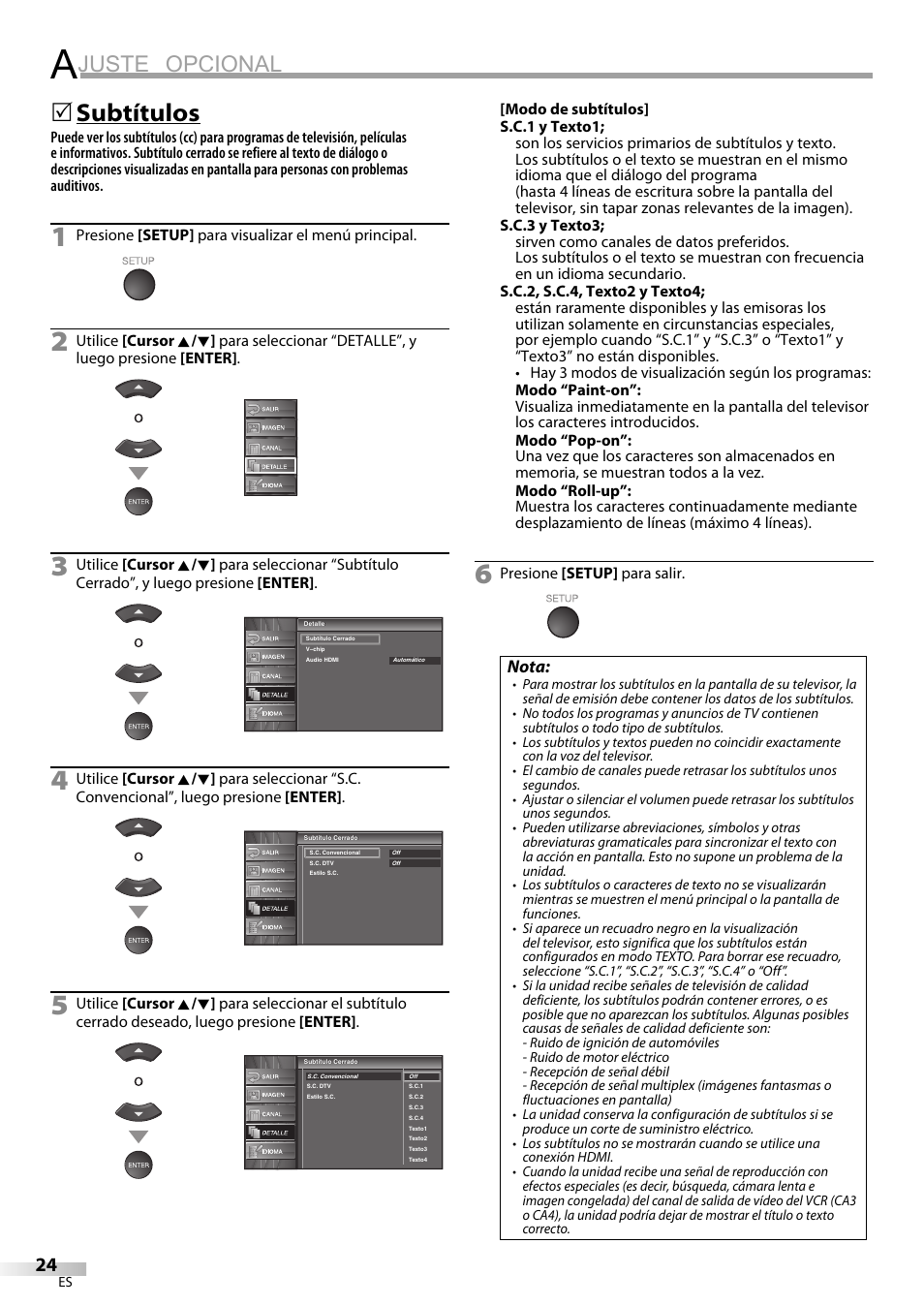 Juste opcional, Subtítulos, Nota | Emerson LC320EM8A User Manual | Page 60 / 72