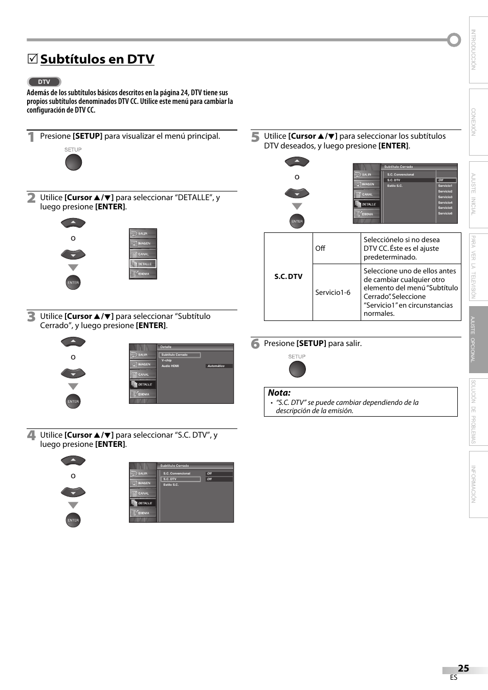 Subtítulos en dtv, Nota | Emerson LC320EM8A User Manual | Page 61 / 72