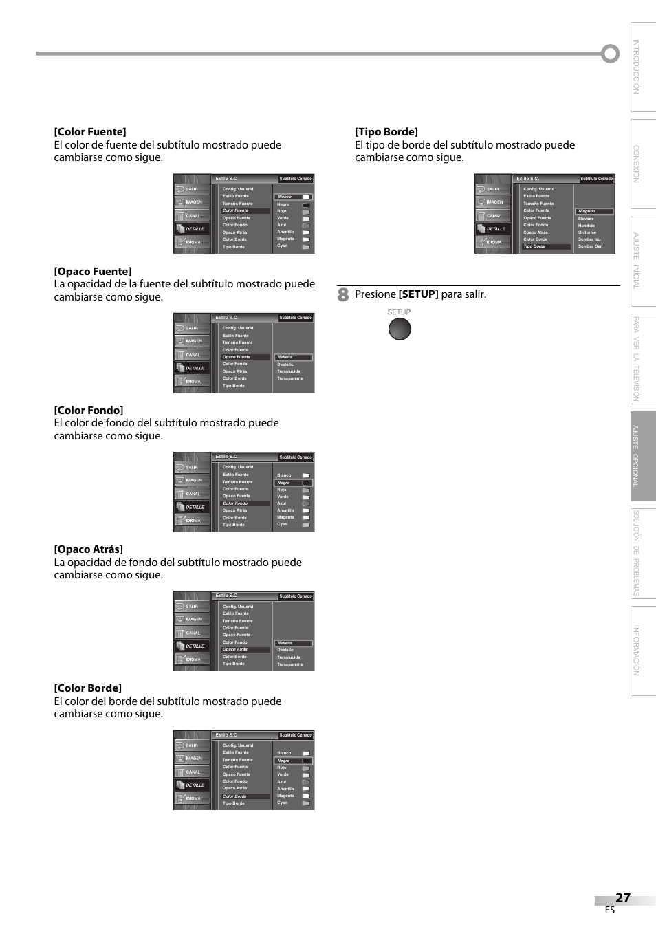 Solución de problemas información, Presione [setup] para salir, Ajuste opcional | Emerson LC320EM8A User Manual | Page 63 / 72