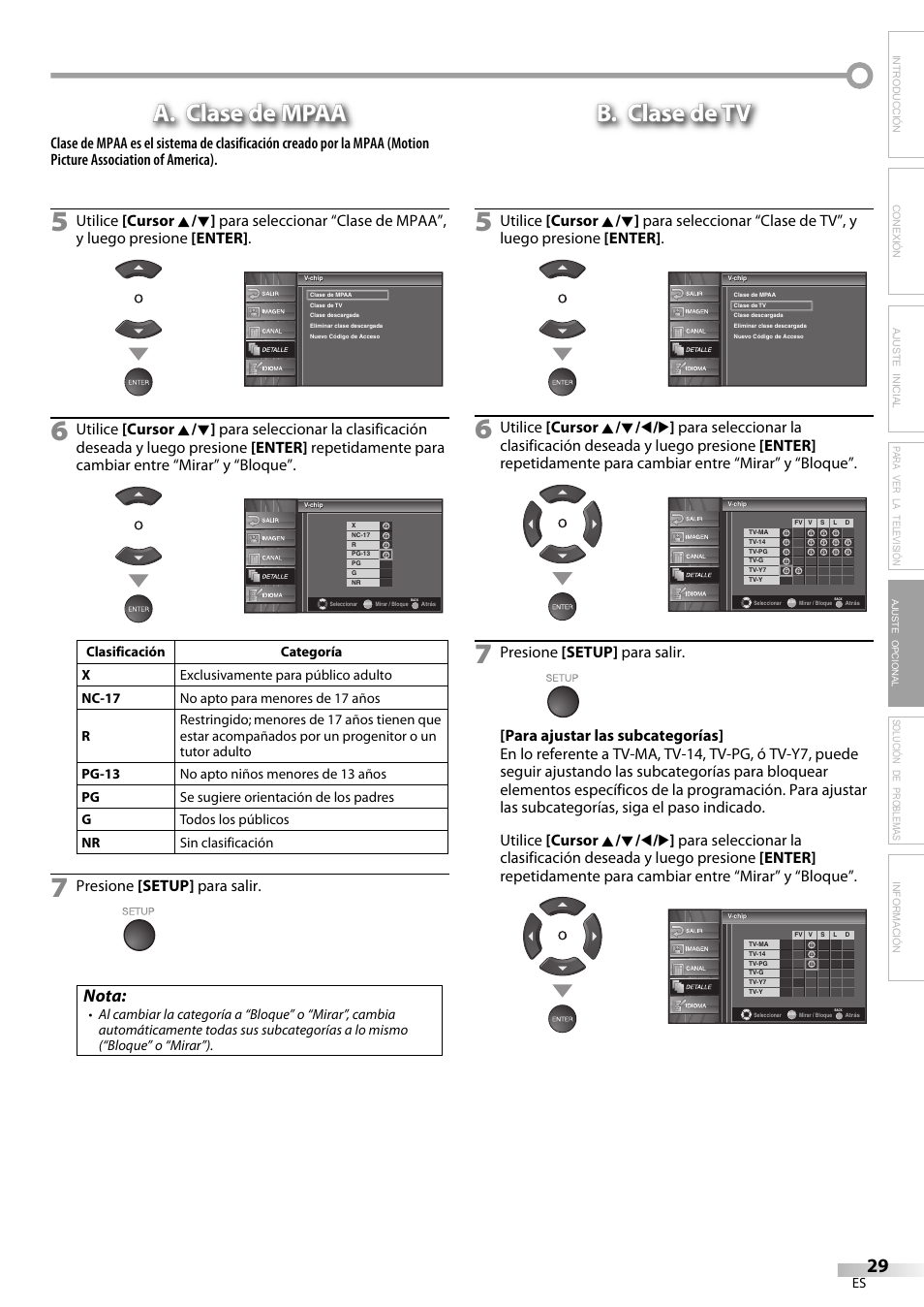 A. clase de mpaa, B. clase de tv, Nota | Solución de problemas información, Presione [setup] para salir, Ajuste opcional | Emerson LC320EM8A User Manual | Page 65 / 72