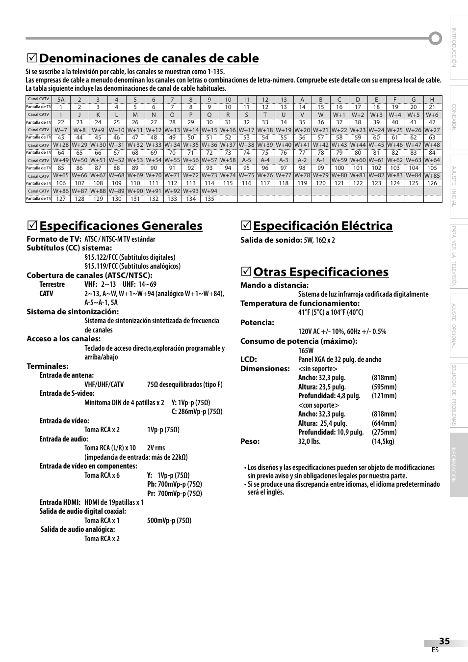 Especificaciones generales, 5especificación eléctrica, Otras especificaciones | Denominaciones de canales de cable 5, Solución de problemas información | Emerson LC320EM8A User Manual | Page 71 / 72