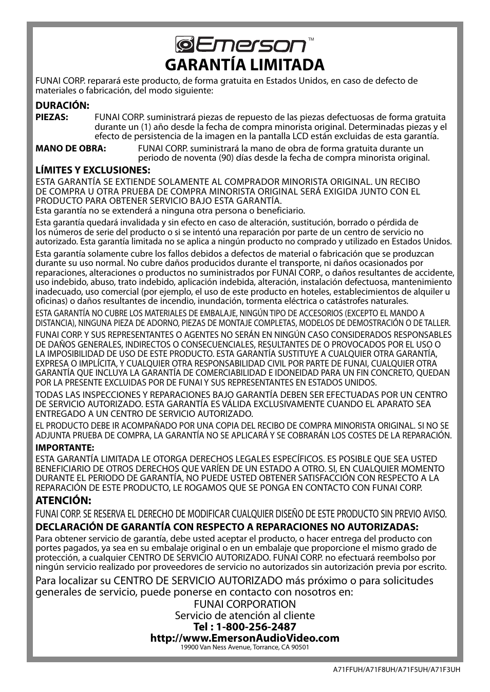 Garantía limitada | Emerson LC320EM8A User Manual | Page 72 / 72