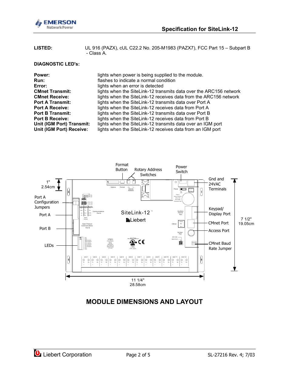 Module dimensions and layout, Specification for sitelink-12, Liebert corporation | Sitelink-12, Liebert, Cmnet port | Emerson SiteLink-12 User Manual | Page 2 / 5