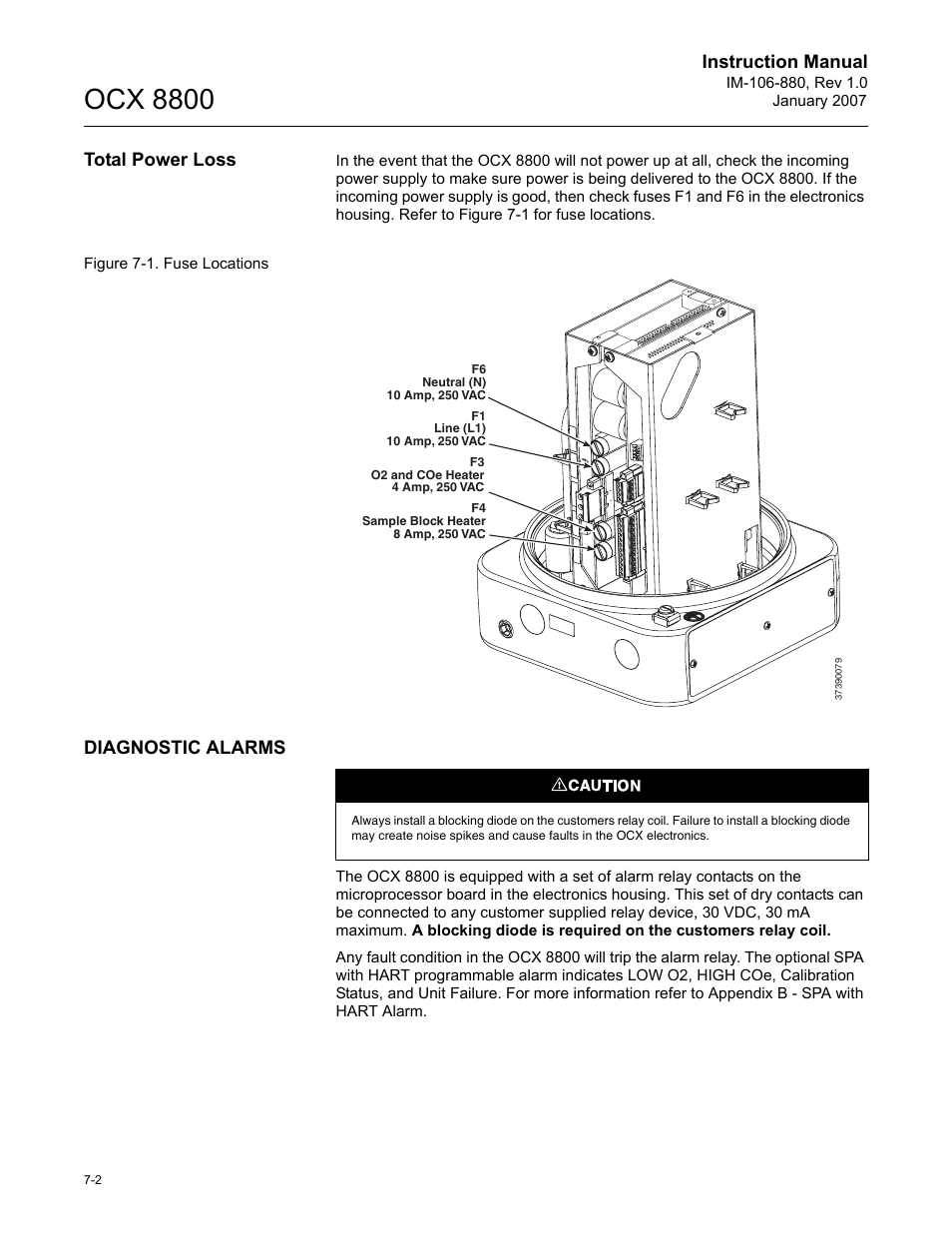 Ocx 8800, Instruction manual, Total power loss | Diagnostic alarms | Emerson ROSEMOUNT OCX 8800 User Manual | Page 100 / 164