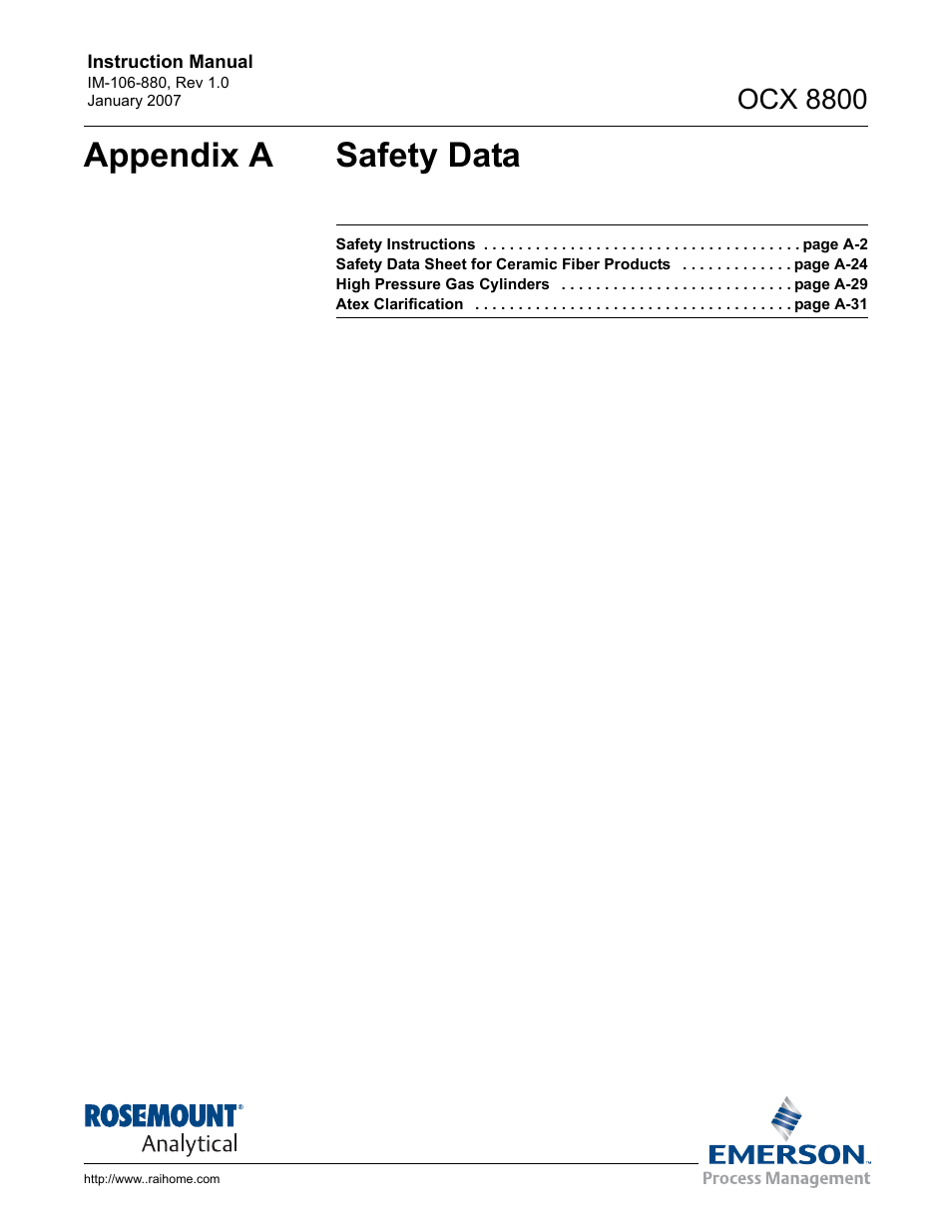 Appendix a safety data, Ocx 8800 | Emerson ROSEMOUNT OCX 8800 User Manual | Page 121 / 164