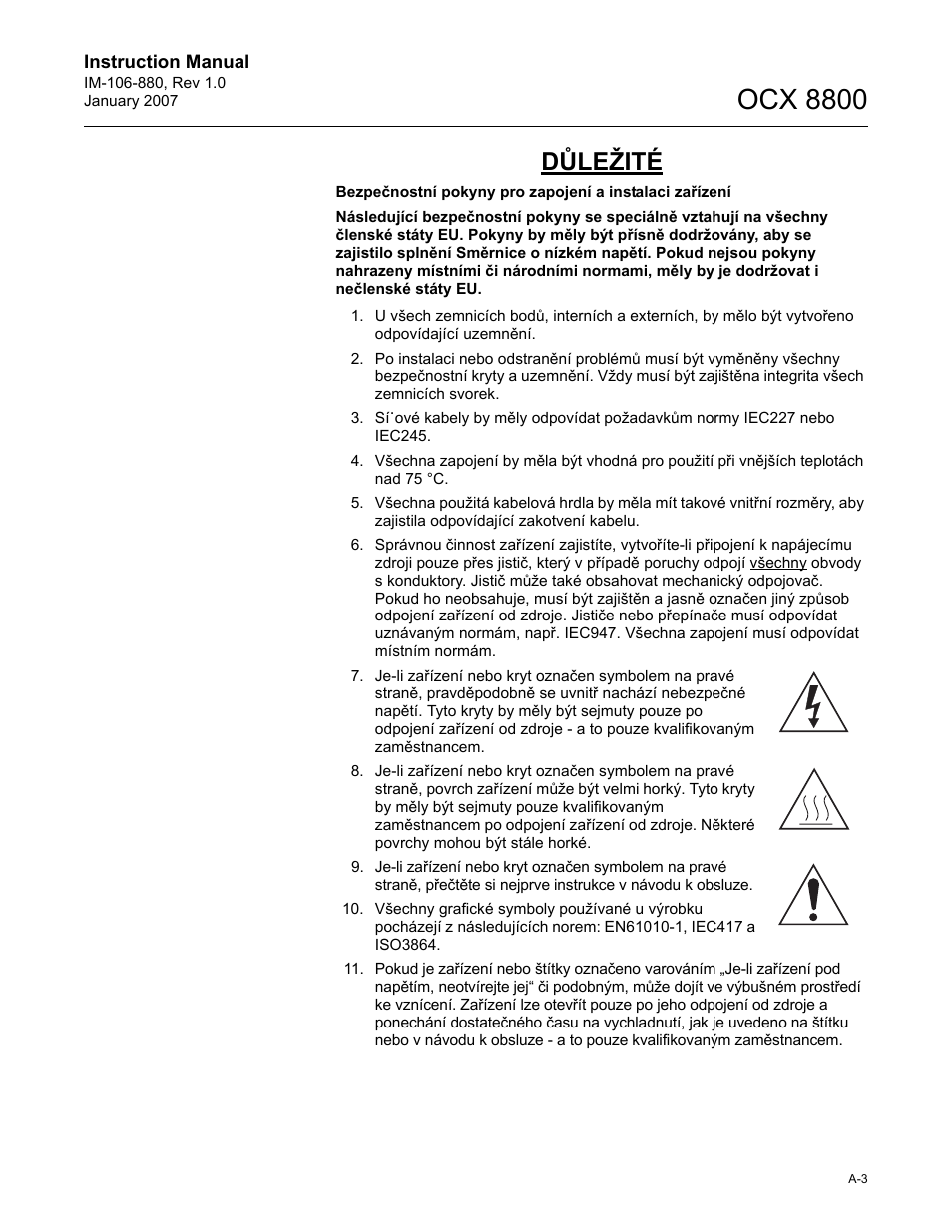 Ocx 8800, Důležité | Emerson ROSEMOUNT OCX 8800 User Manual | Page 123 / 164