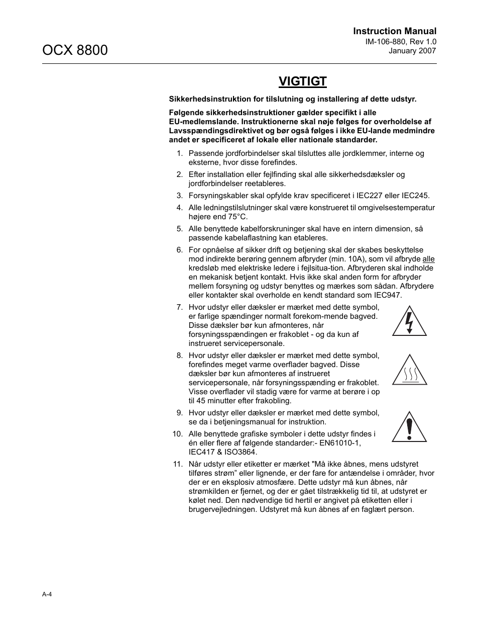 Ocx 8800, Vigtigt | Emerson ROSEMOUNT OCX 8800 User Manual | Page 124 / 164