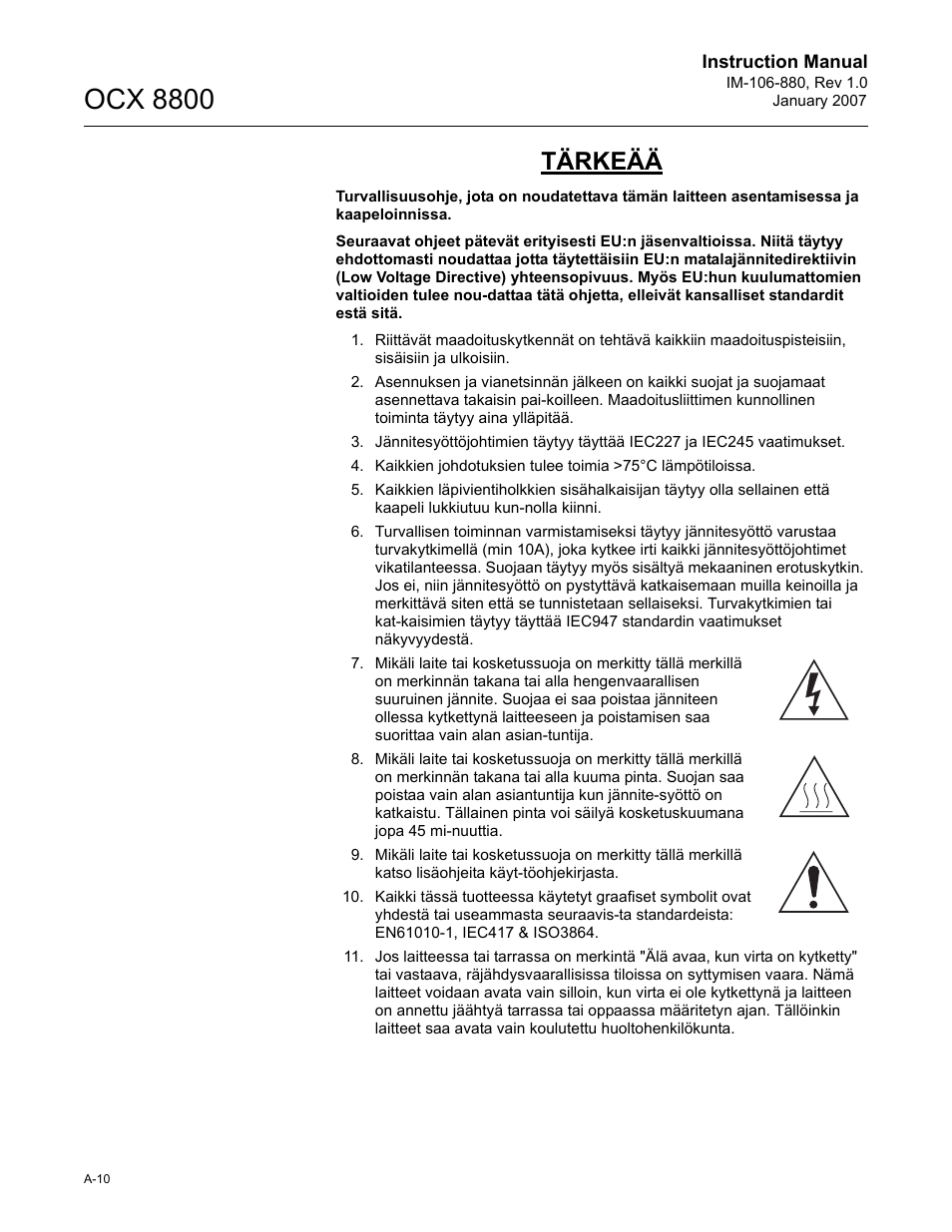 Ocx 8800, Tärkeää | Emerson ROSEMOUNT OCX 8800 User Manual | Page 130 / 164