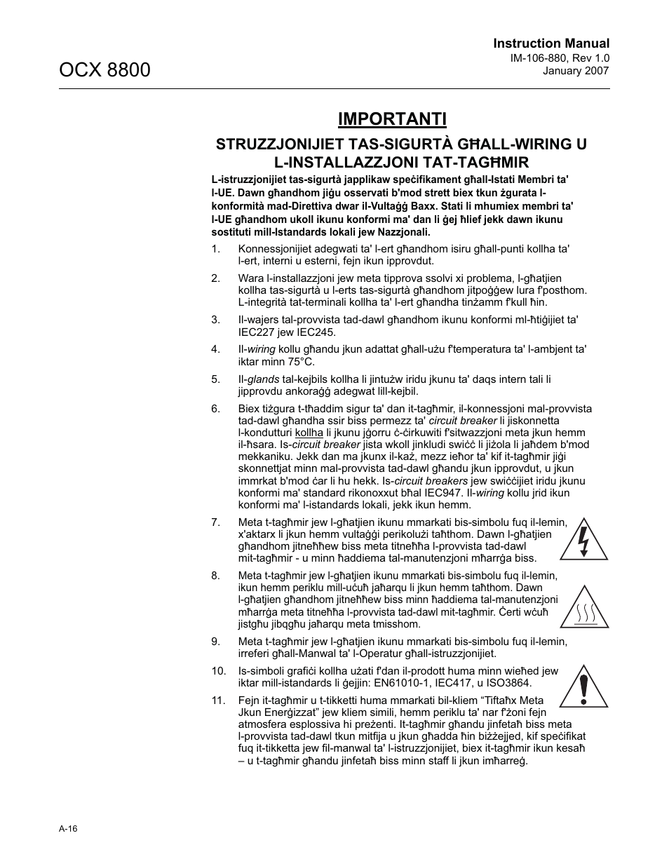 Ocx 8800, Importanti | Emerson ROSEMOUNT OCX 8800 User Manual | Page 136 / 164