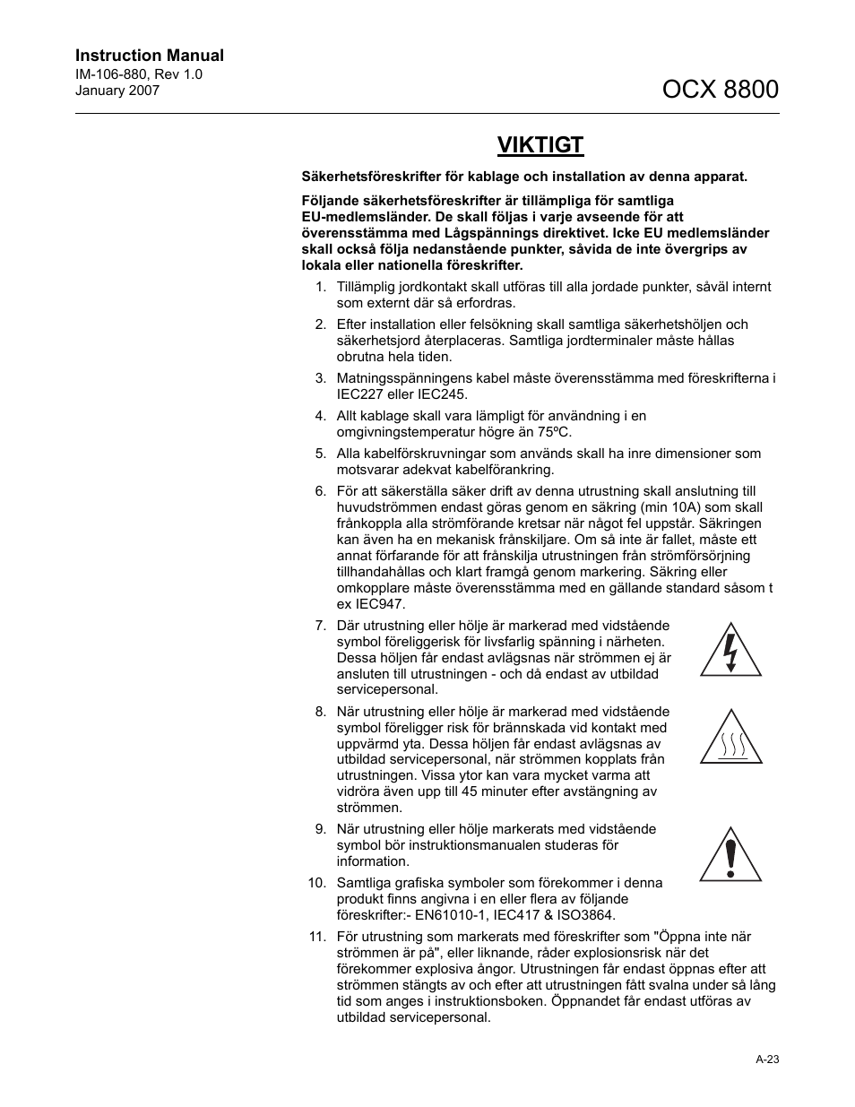 Ocx 8800, Viktigt | Emerson ROSEMOUNT OCX 8800 User Manual | Page 143 / 164