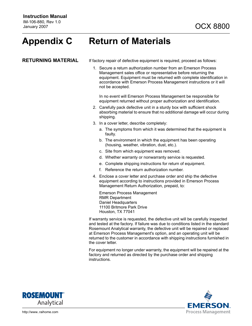 Appendix c return of materials, Ocx 8800 | Emerson ROSEMOUNT OCX 8800 User Manual | Page 159 / 164