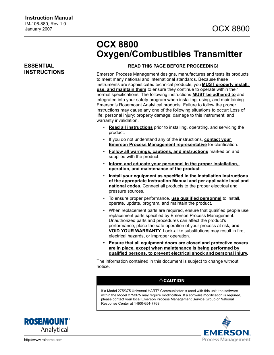 Ocx 8800 oxygen/combustibles transmitter, Ocx 8800 | Emerson ROSEMOUNT OCX 8800 User Manual | Page 7 / 164