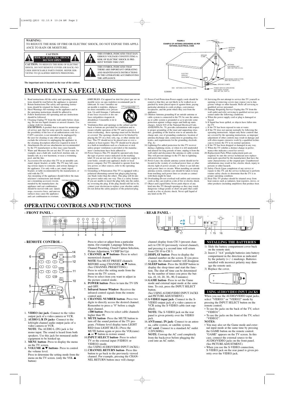 Important safeguards, Operating controls and functions, Remote control | Nstalling the batteries, Using audio/video input jacks, Front panel - - rear panel | Emerson EWF2002 User Manual | Page 2 / 8