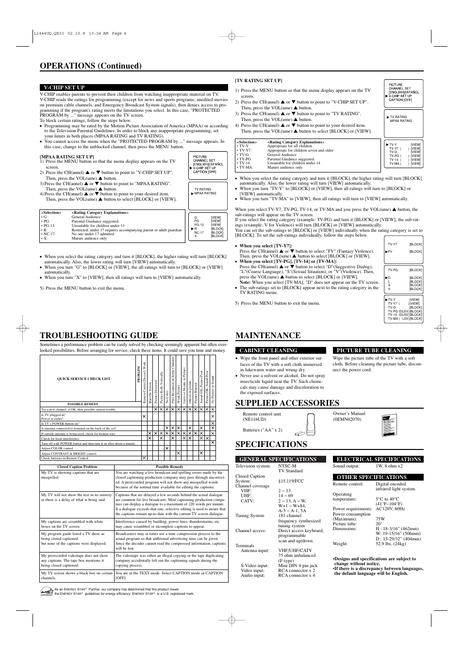 Specifications operations (continued) | Emerson EWF2002 User Manual | Page 4 / 8