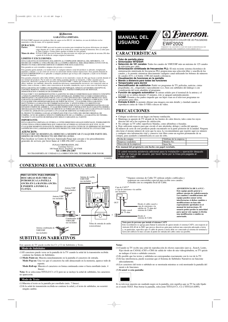 Ewf2002, Manual del usuario, Conexiones de la antena/cable precauciones | Características, Subtitulos narrativos | Emerson EWF2002 User Manual | Page 5 / 8