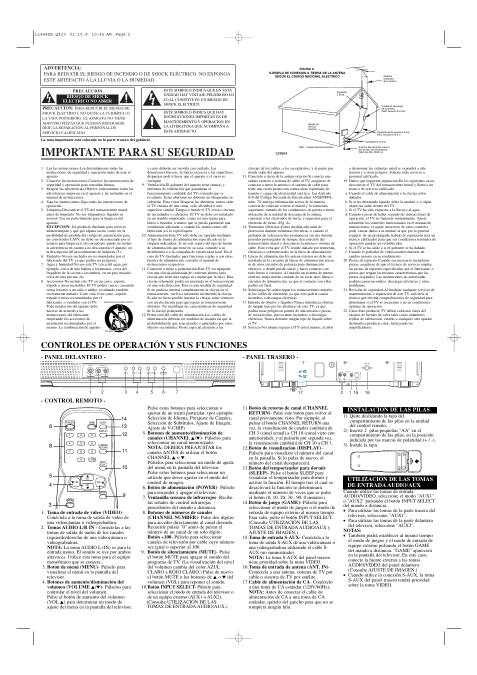 Importante para su seguridad, Controles de operación y sus funciones, Panel delantero - - panel trasero | Control remoto, Utilización de las tomas de entrada audio/aux, Instalacion de las pilas | Emerson EWF2002 User Manual | Page 6 / 8