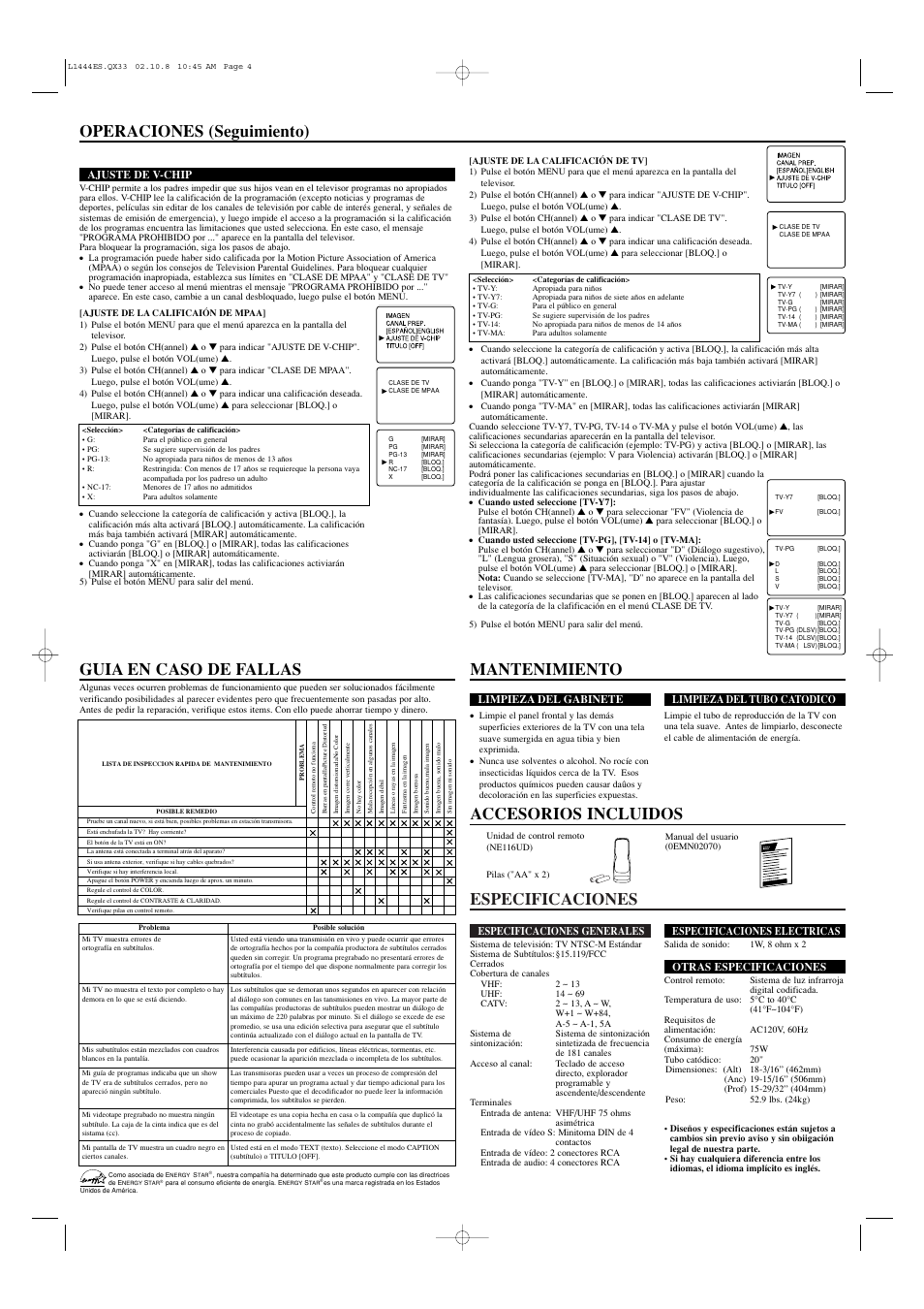 Especificaciones, Operaciones (seguimiento) | Emerson EWF2002 User Manual | Page 8 / 8