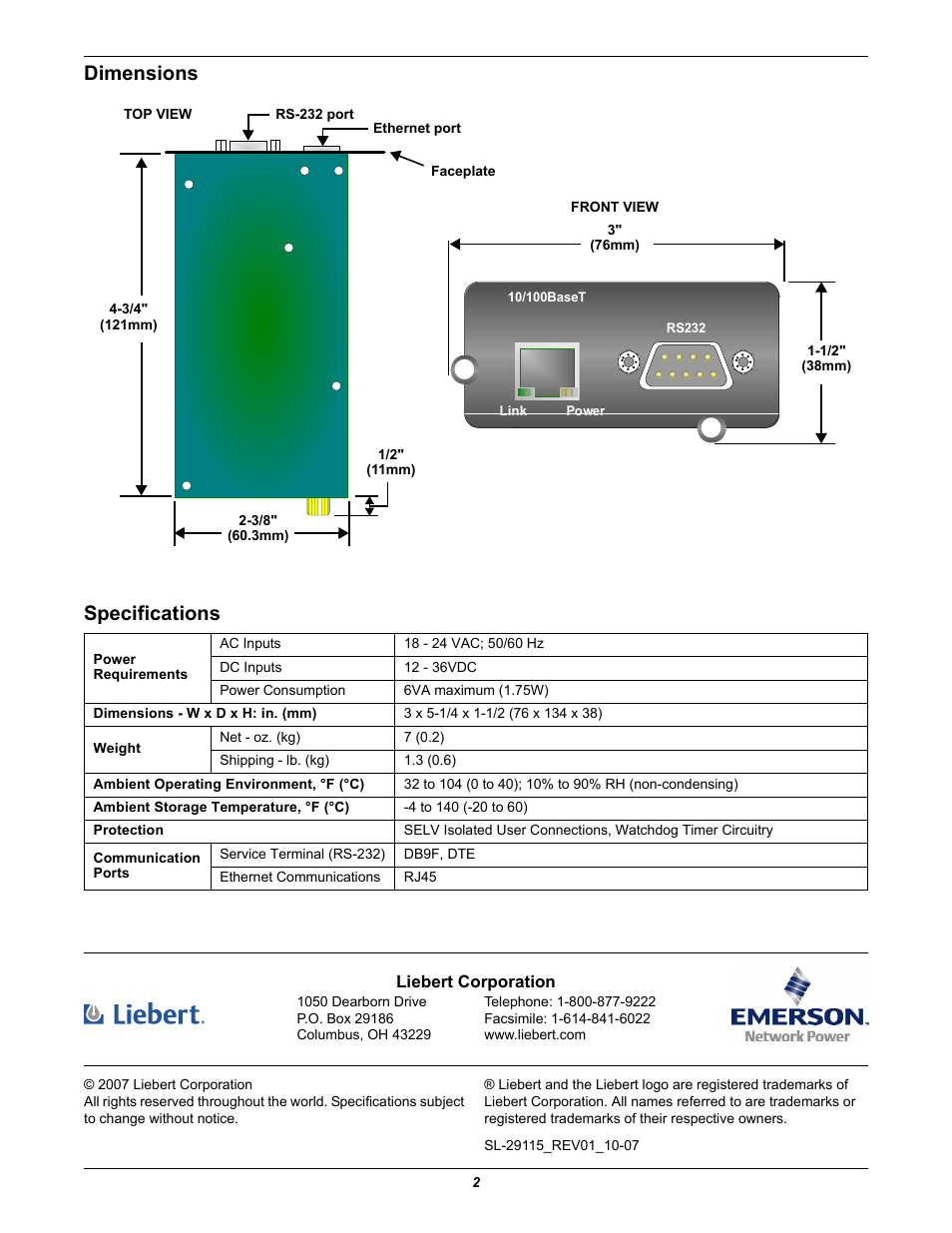 Dimensions, Specifications, Dimensions specifications | Emerson Liebert Intellislot IS-WEBCARD User Manual | Page 2 / 2