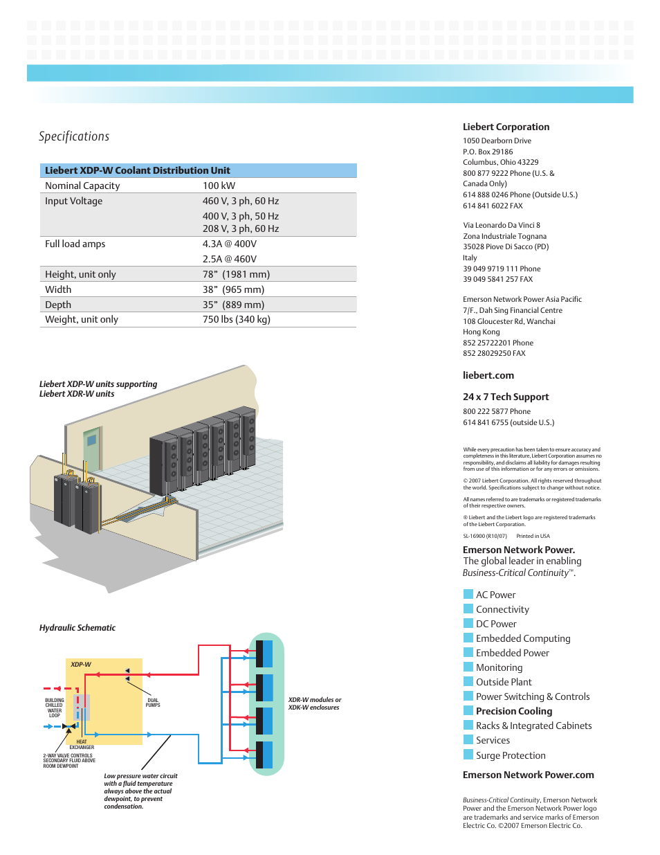 Liebert corporation, Liebert.com, 24 x 7 tech support | Emerson network power, Emerson network power.com, Specifications | Emerson Liebert XDP-W User Manual | Page 2 / 2