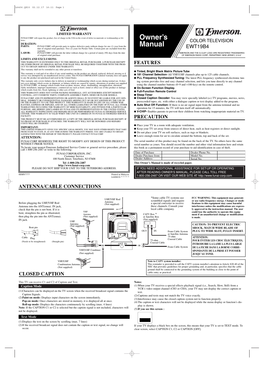 Emerson EWT19B4 User Manual | 4 pages