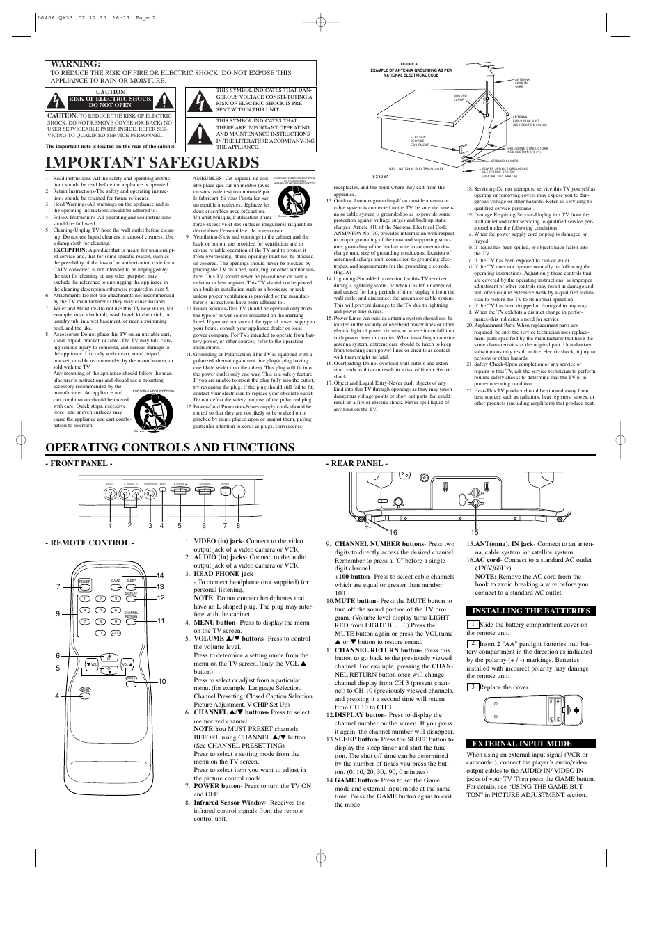 Important safeguards, Operating controls and functions, Warning | Front panel - - rear panel, Installing the batteries, External input mode, Remote control | Emerson EWT19B4 User Manual | Page 2 / 4