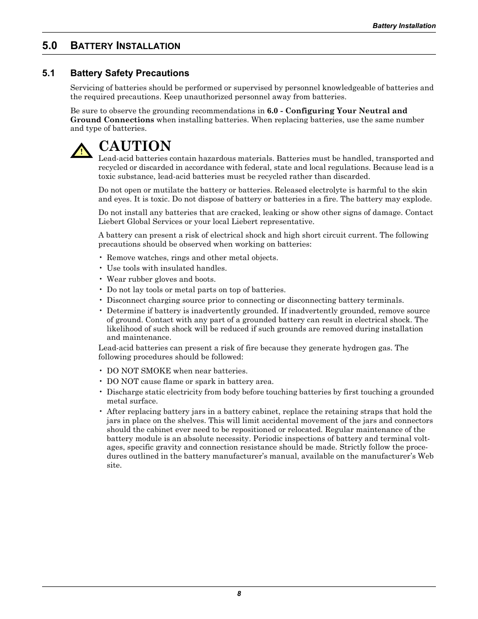 0 battery installation, 1 battery safety precautions, Attery | Nstallation, Battery safety precautions, Caution | Emerson Series 610 User Manual | Page 12 / 52