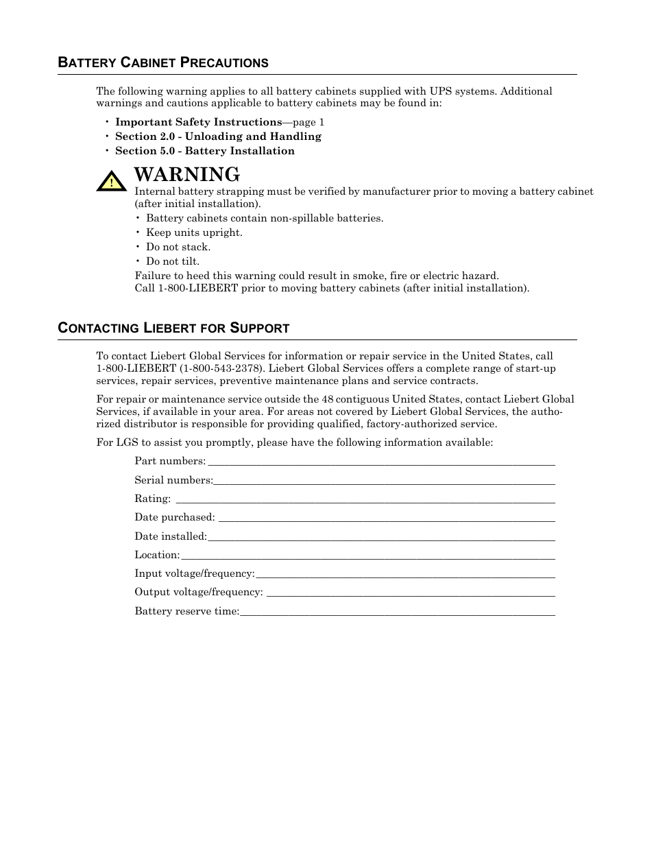 Battery cabinet precautions, Contacting liebert for support, Warning | Emerson Series 610 User Manual | Page 2 / 52