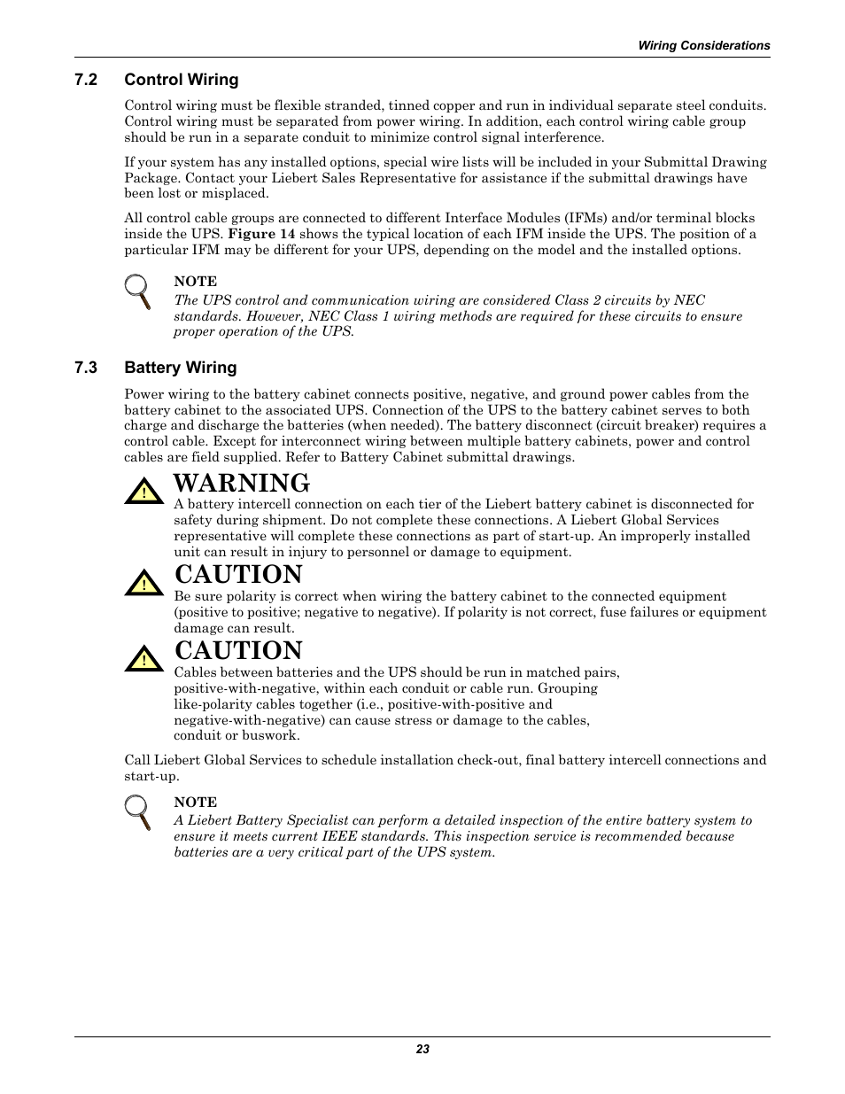 2 control wiring, 3 battery wiring, Control wiring | Battery wiring, Warning, Caution | Emerson Series 610 User Manual | Page 27 / 52