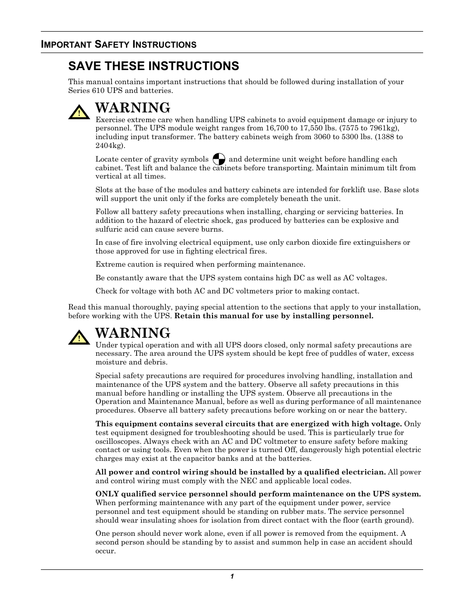 Important safety instructions, Mportant, Afety | Nstructions, Warning, Save these instructions | Emerson Series 610 User Manual | Page 5 / 52