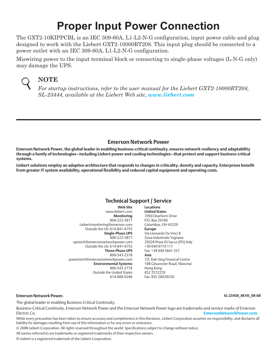 Proper input power connection | Emerson Liebert GXT2-10KIPPCBL User Manual | Page 2 / 2