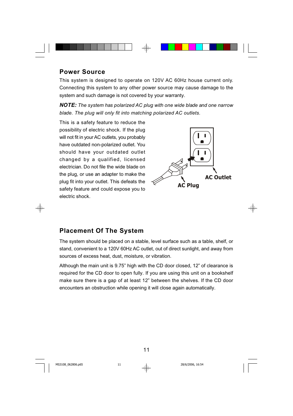 Power source, Placement of the system | Emerson MS3108C User Manual | Page 12 / 42