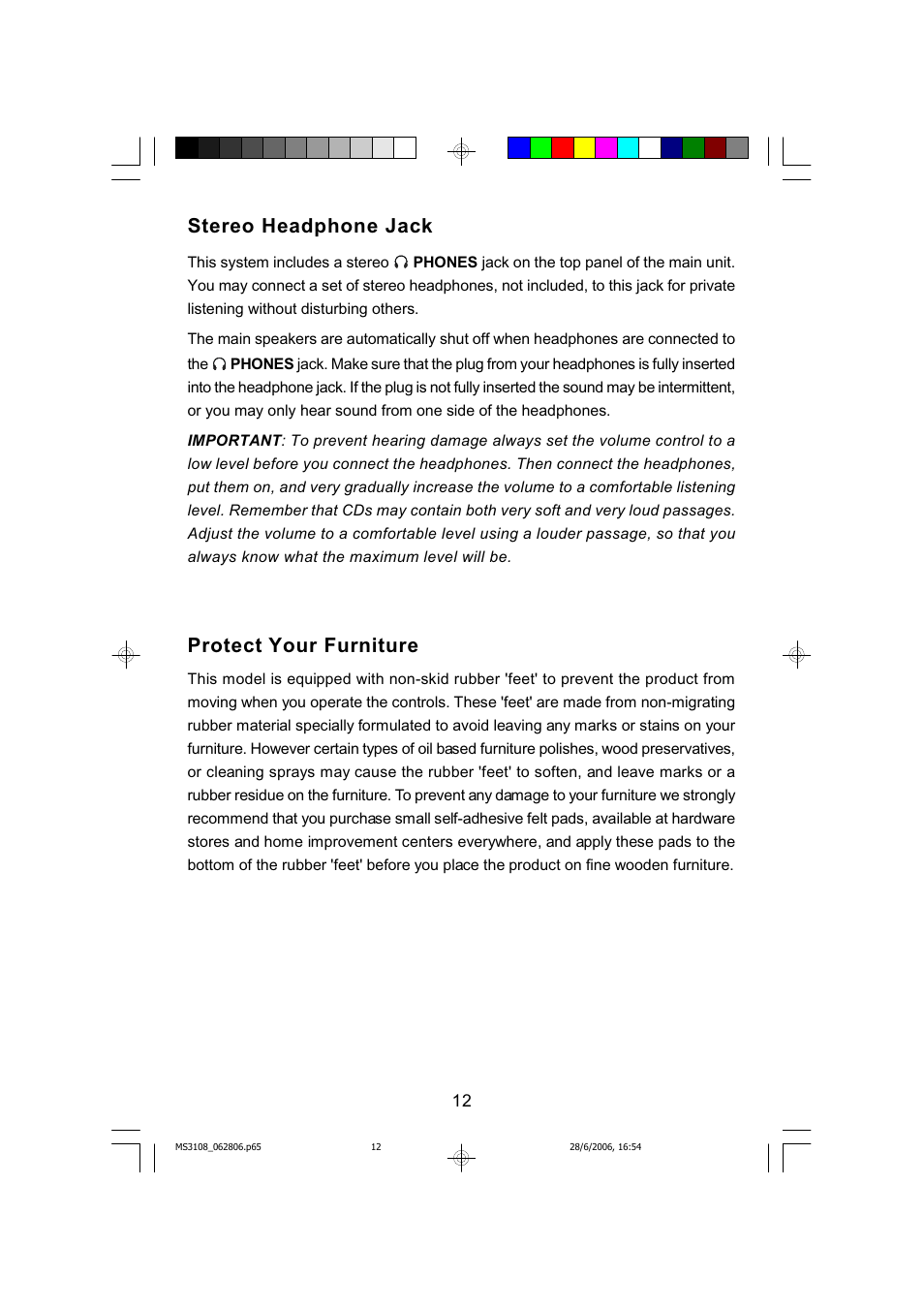 Stereo headphone jack, Protect your furniture | Emerson MS3108C User Manual | Page 13 / 42
