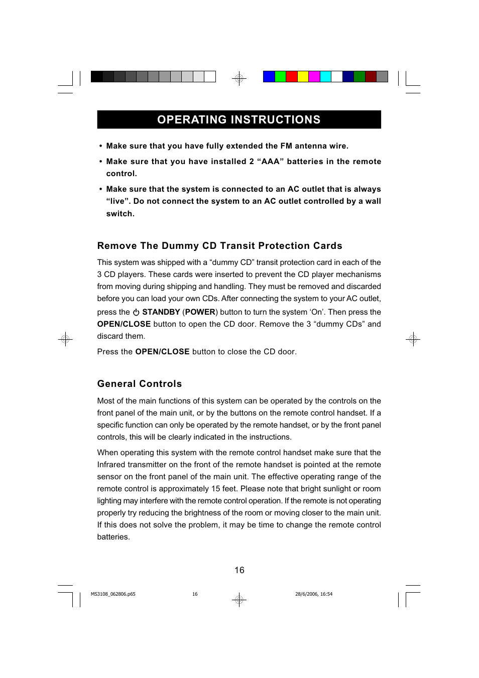 Operating instructions, Remove the dummy cd transit protection cards, General controls | Emerson MS3108C User Manual | Page 17 / 42