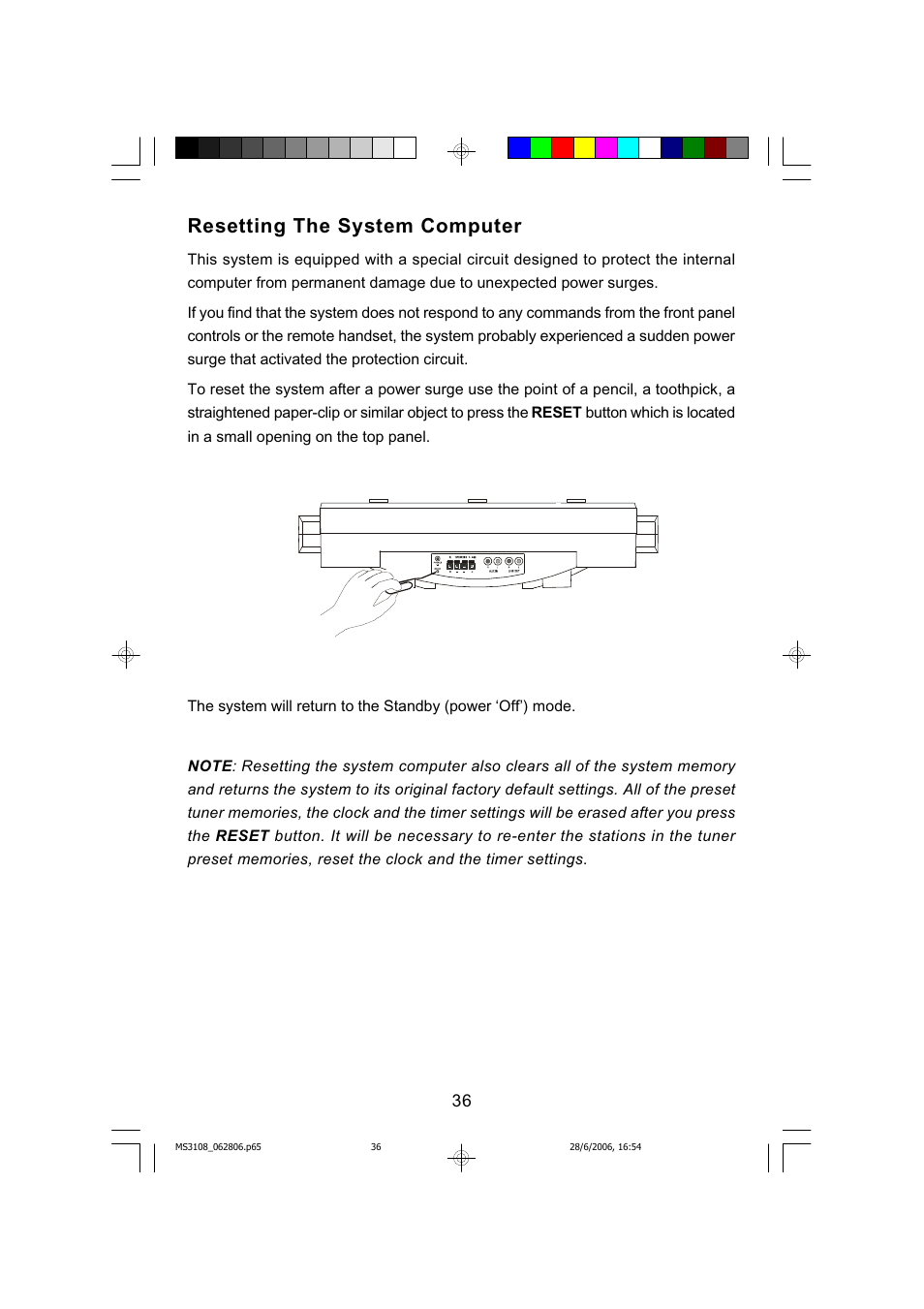 Resetting the system computer | Emerson MS3108C User Manual | Page 37 / 42