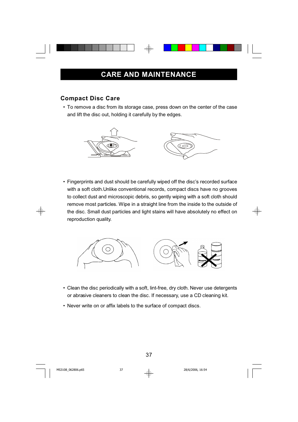 Care and maintenance, Compact disc care | Emerson MS3108C User Manual | Page 38 / 42