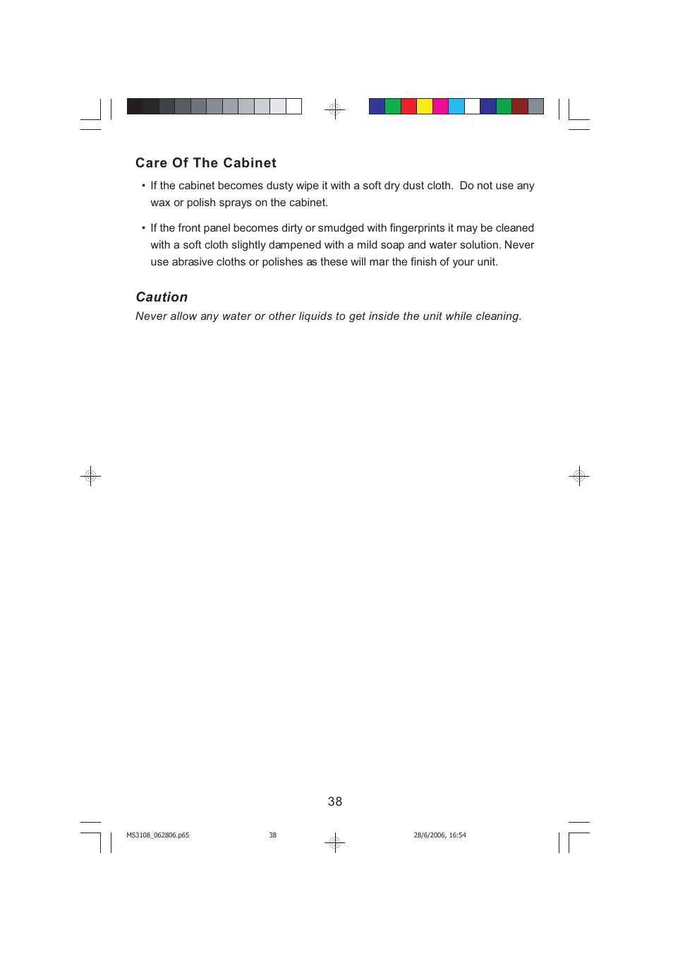 Care of the cabinet, Caution | Emerson MS3108C User Manual | Page 39 / 42