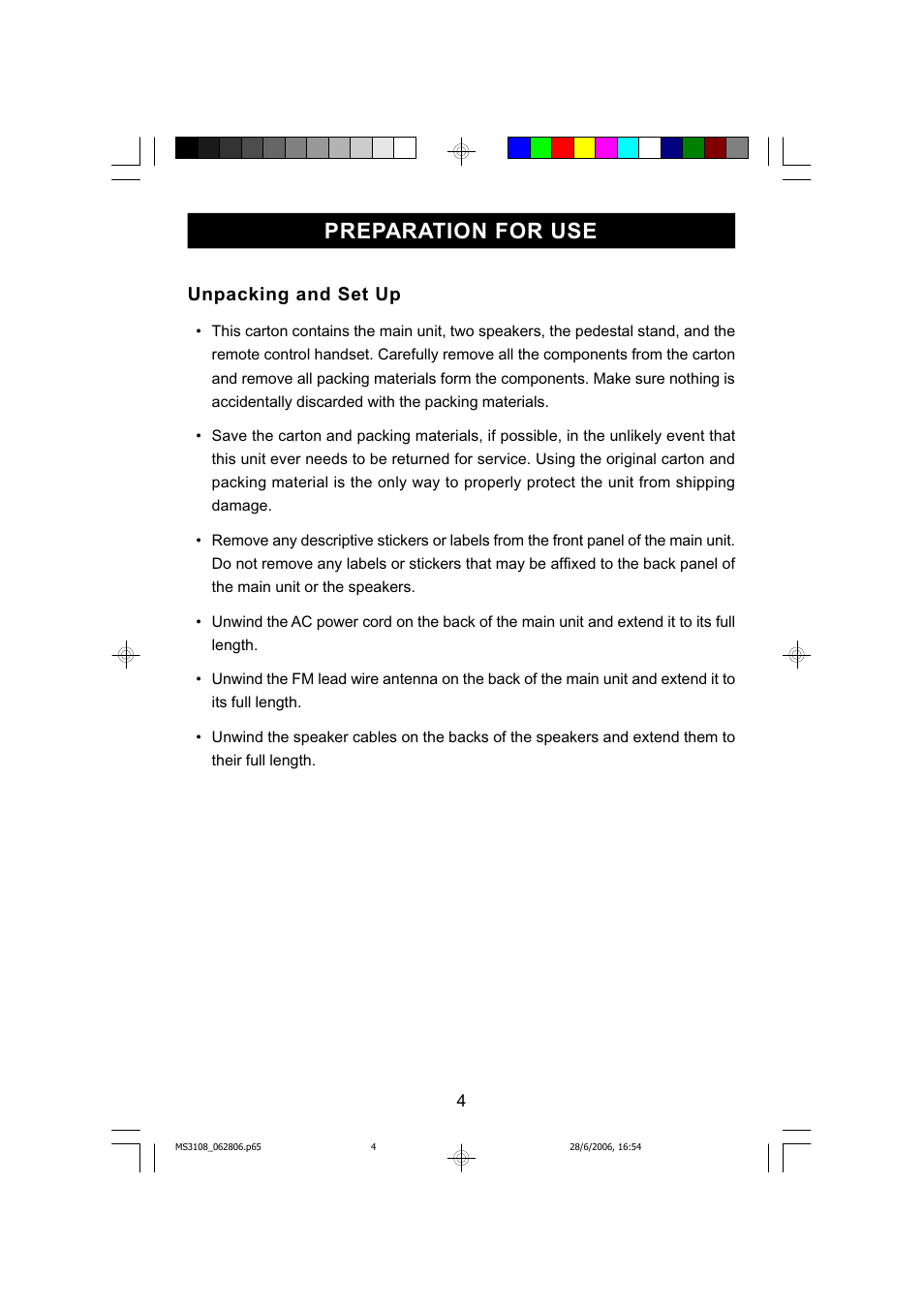 Preparation for use, Unpacking and set up | Emerson MS3108C User Manual | Page 5 / 42