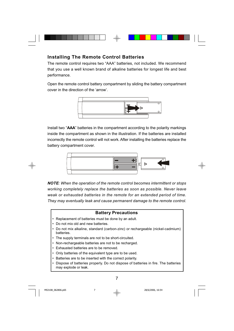 Installing the remote control batteries | Emerson MS3108C User Manual | Page 8 / 42