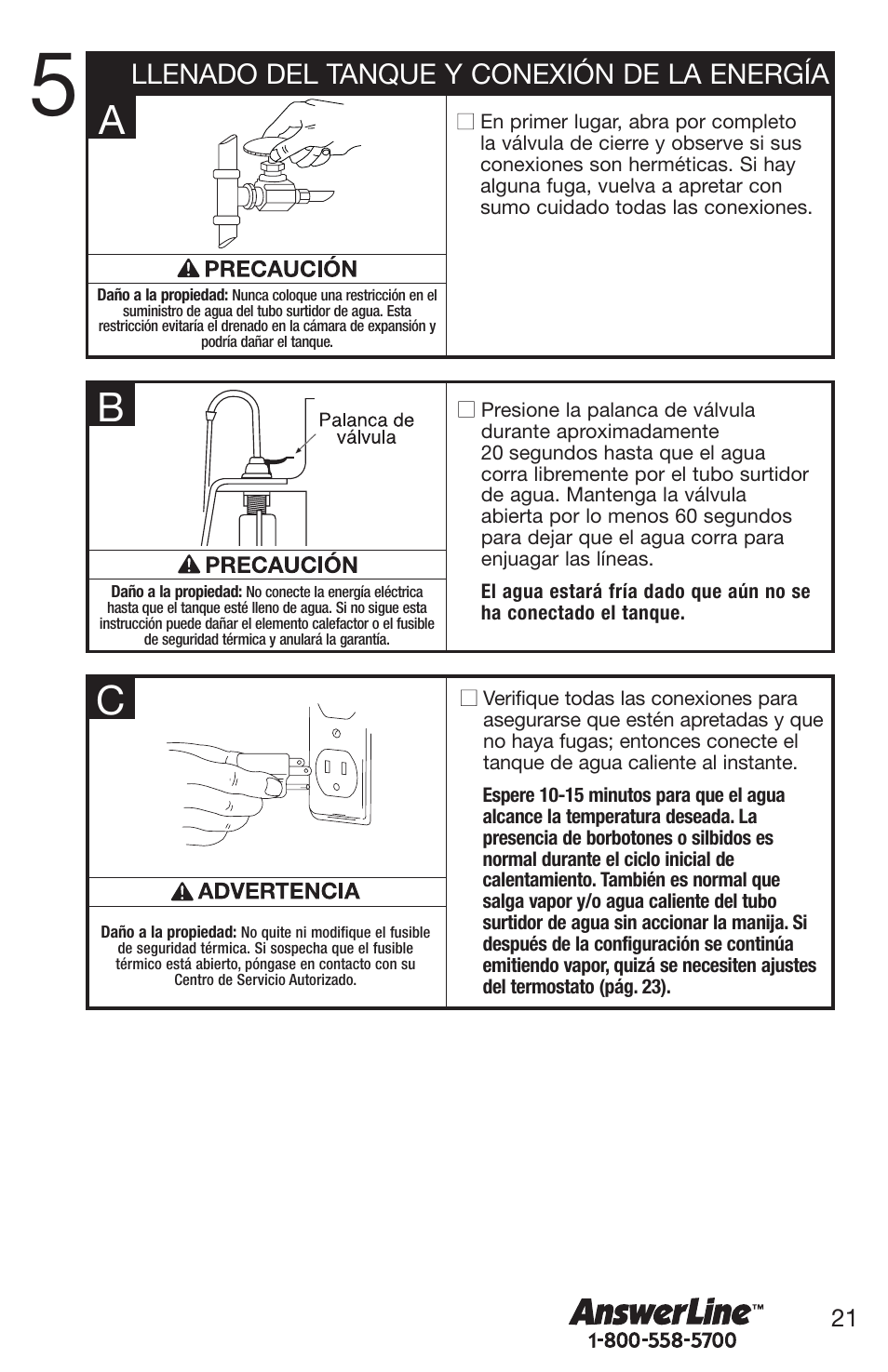 Llenado del tanque y conexión de la energía | Emerson Hot1 User Manual | Page 21 / 36