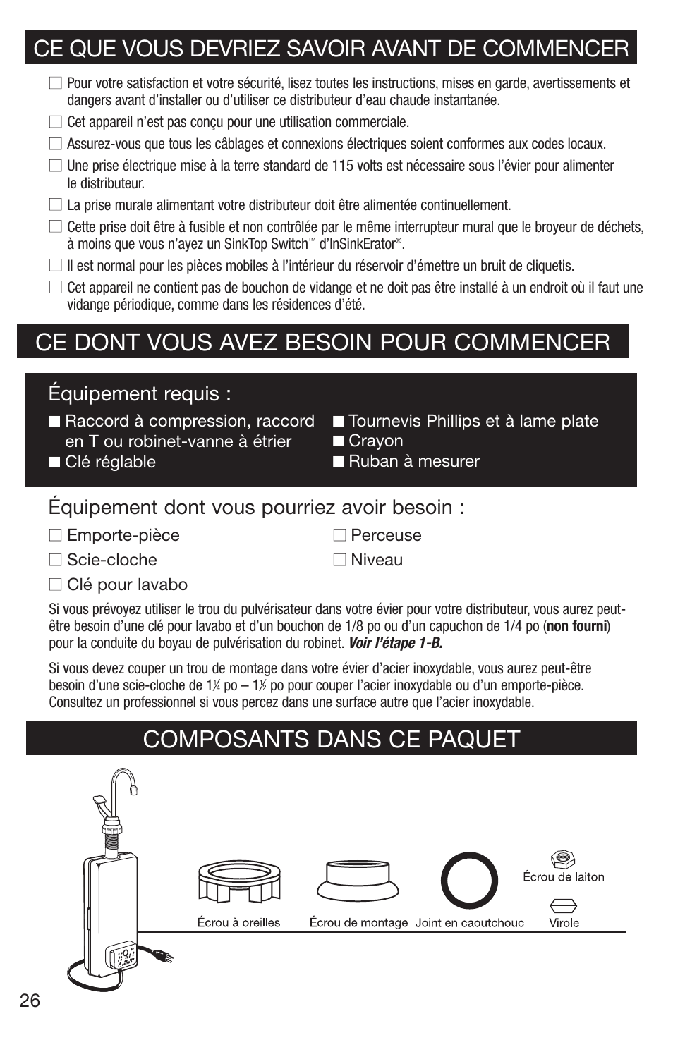 Ce dont vous avez besoin pour commencer, Composants dans ce paquet, Ce que vous devriez savoir avant de commencer | Équipement dont vous pourriez avoir besoin, Équipement requis | Emerson Hot1 User Manual | Page 26 / 36
