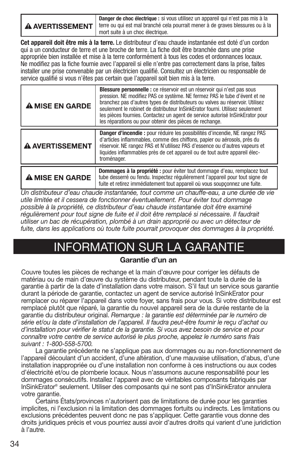 Information sur la garantie | Emerson Hot1 User Manual | Page 34 / 36