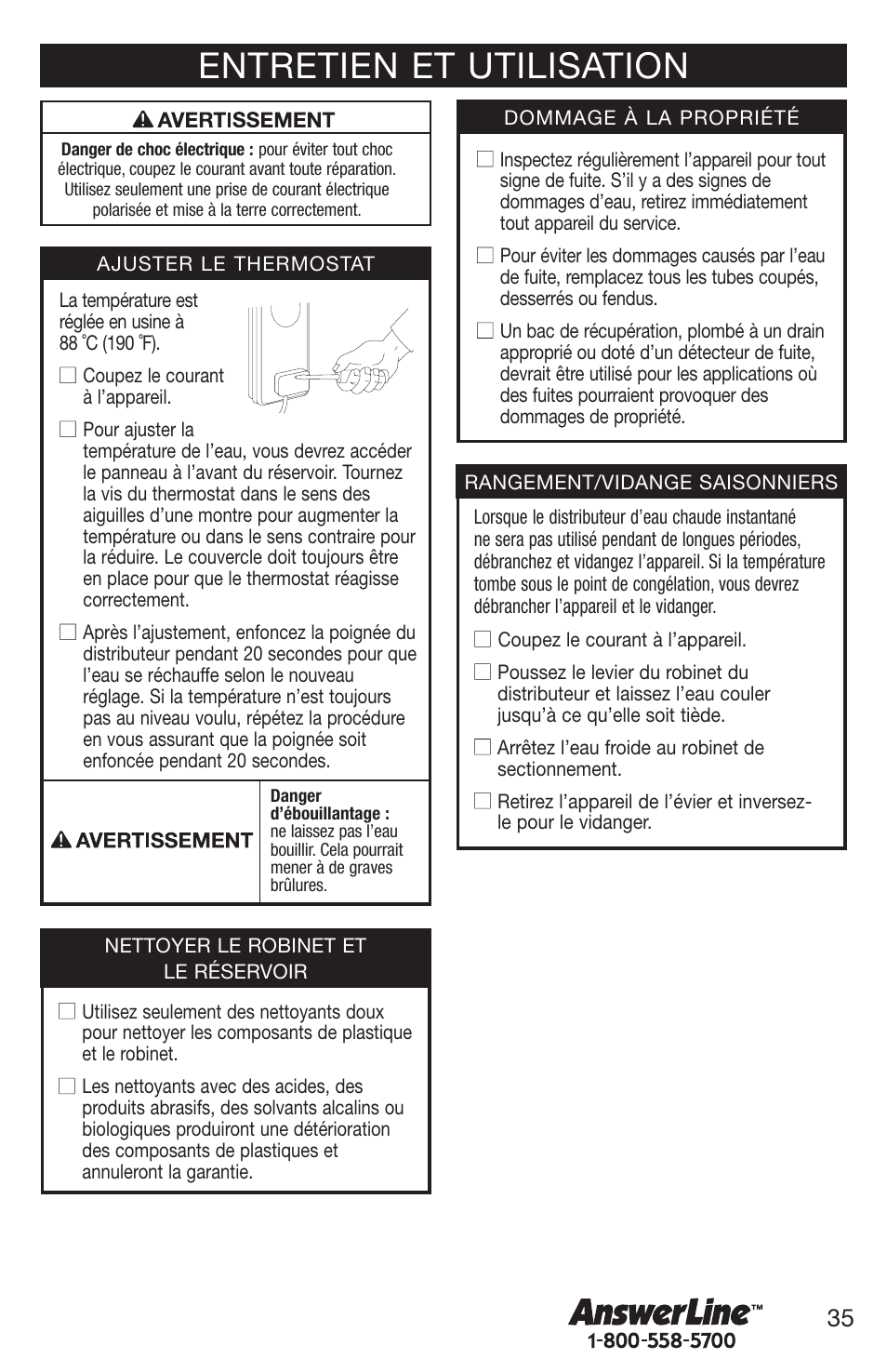 Entretien et utilisation | Emerson Hot1 User Manual | Page 35 / 36