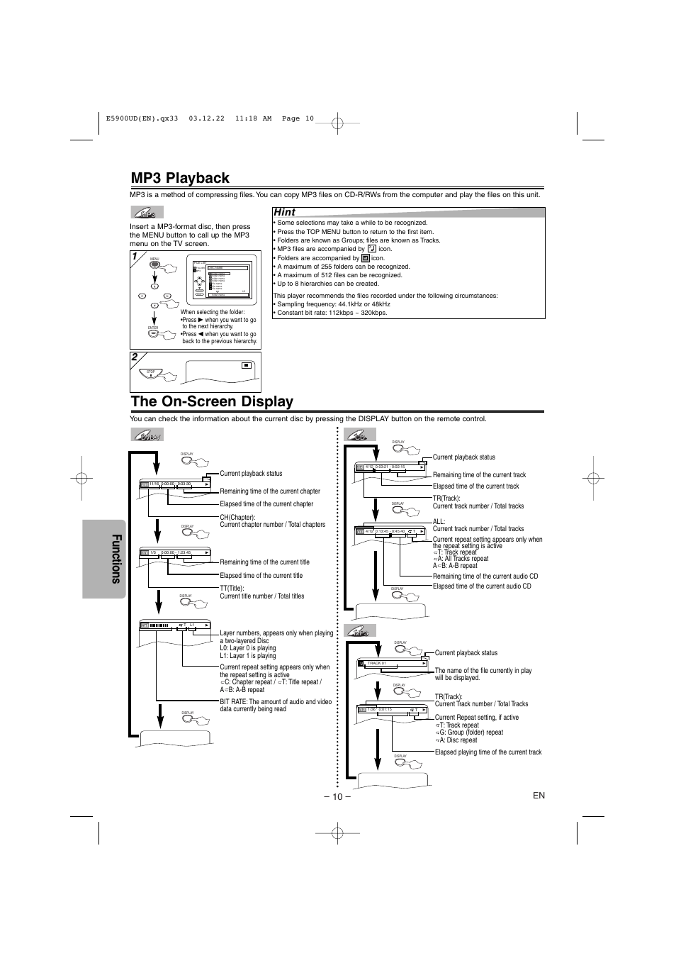 Mp3 playback, The on-screen display, Functions | Hint | Emerson EWD7004 User Manual | Page 10 / 20