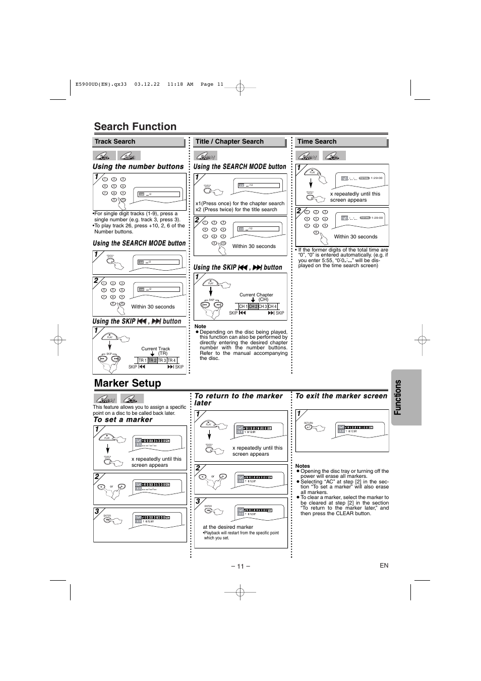 Search function, Marker setup, Functions | Using the search, Using the search mode mode b b utton utton 1 1, Using the n, Using the n umber b umber b uttons uttons, Using the search mode mode b b utton utton, Using the skip | Emerson EWD7004 User Manual | Page 11 / 20