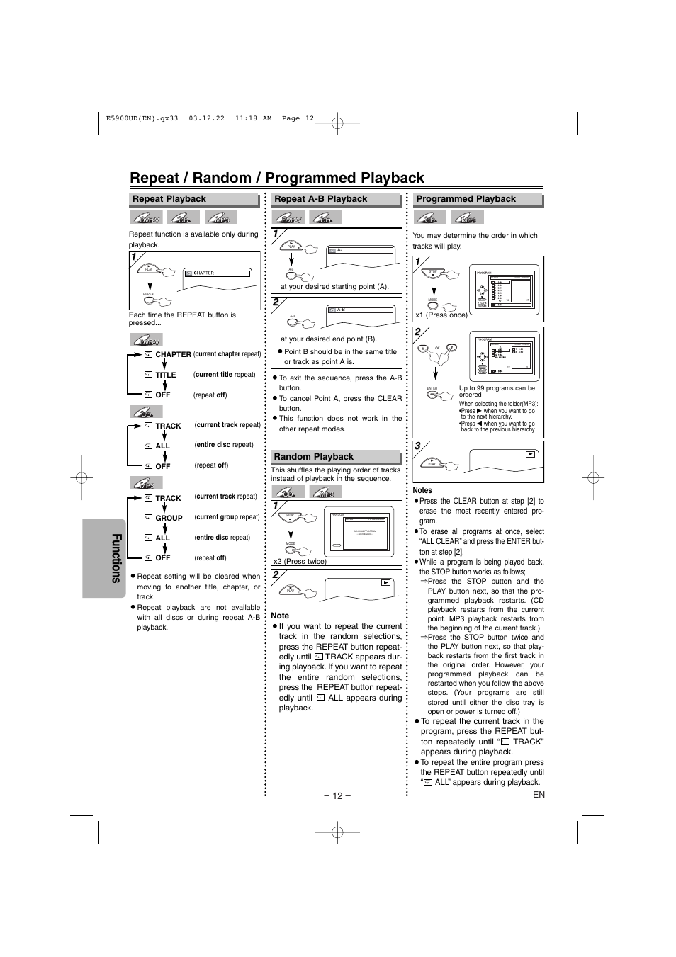 Repeat / random / programmed playback, Functions, Repeat playback programmed playback | Repeat a-b playback, Random playback | Emerson EWD7004 User Manual | Page 12 / 20