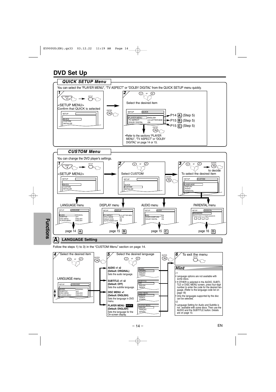 Dvd set up, Functions, Cust | Cust om men om men u u, Hint, Quick setup men uick setup men u u, Language setting | Emerson EWD7004 User Manual | Page 14 / 20