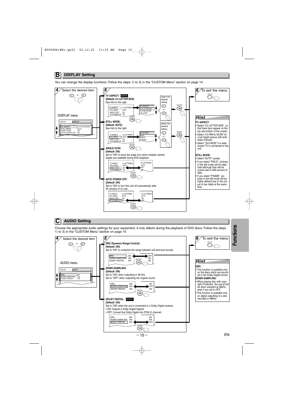 Functions, Hint, Display setting | Audio setting | Emerson EWD7004 User Manual | Page 15 / 20