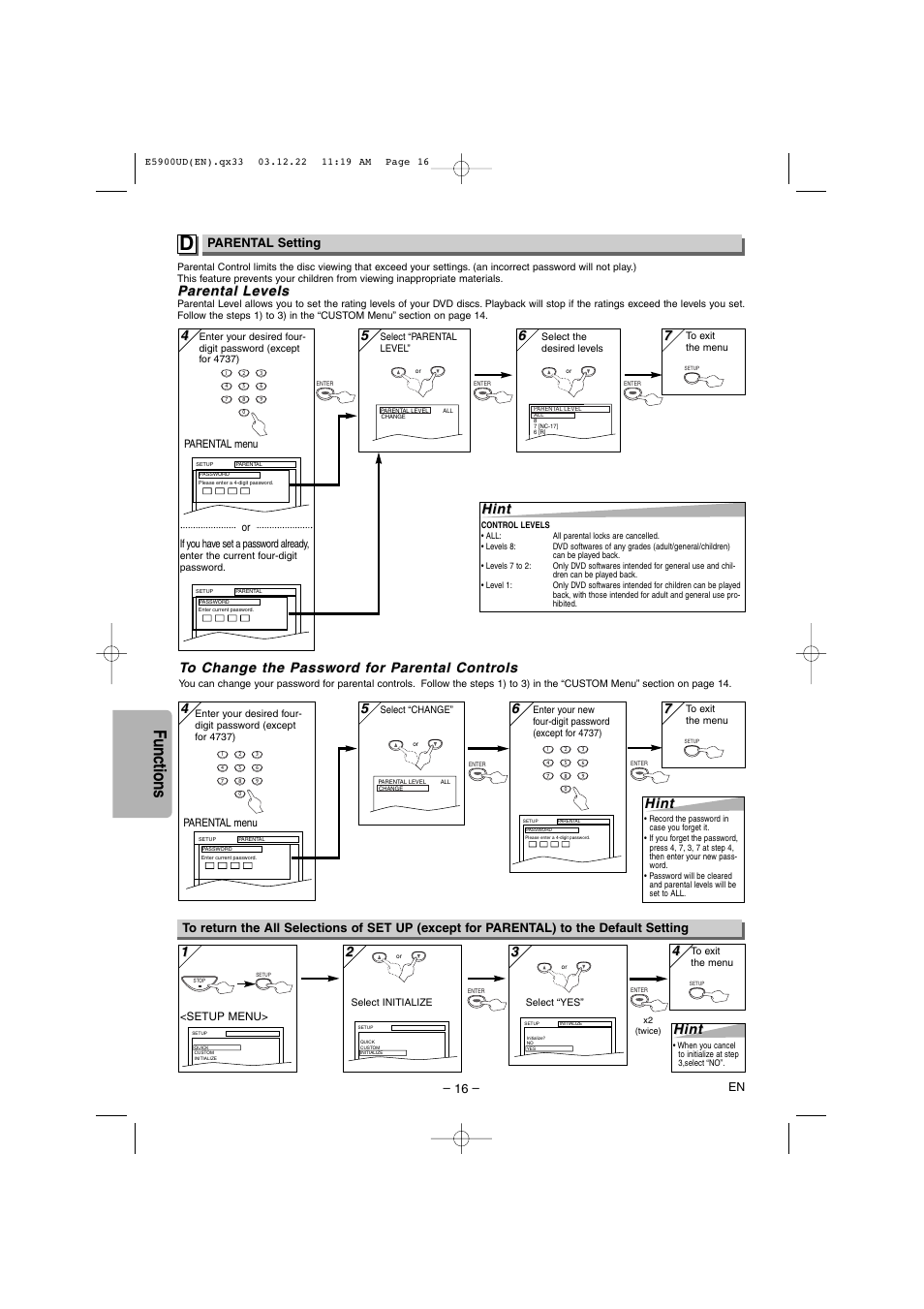 Functions, Hint, Parental arental le le vels vels | Parental setting | Emerson EWD7004 User Manual | Page 16 / 20