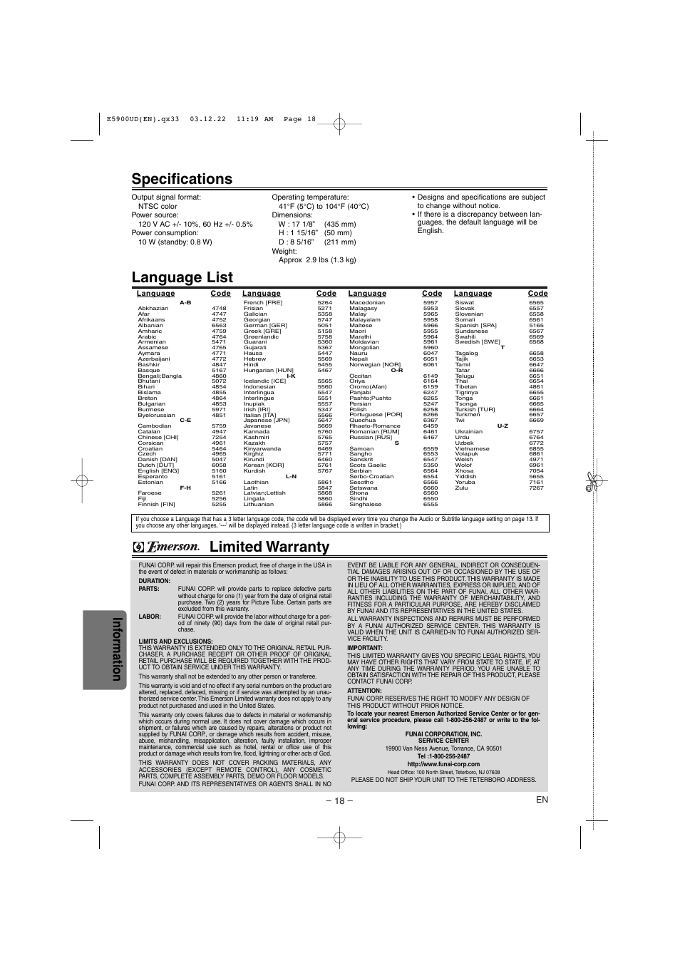 Language list, Specifications, Limited warranty | Inf ormation | Emerson EWD7004 User Manual | Page 18 / 20
